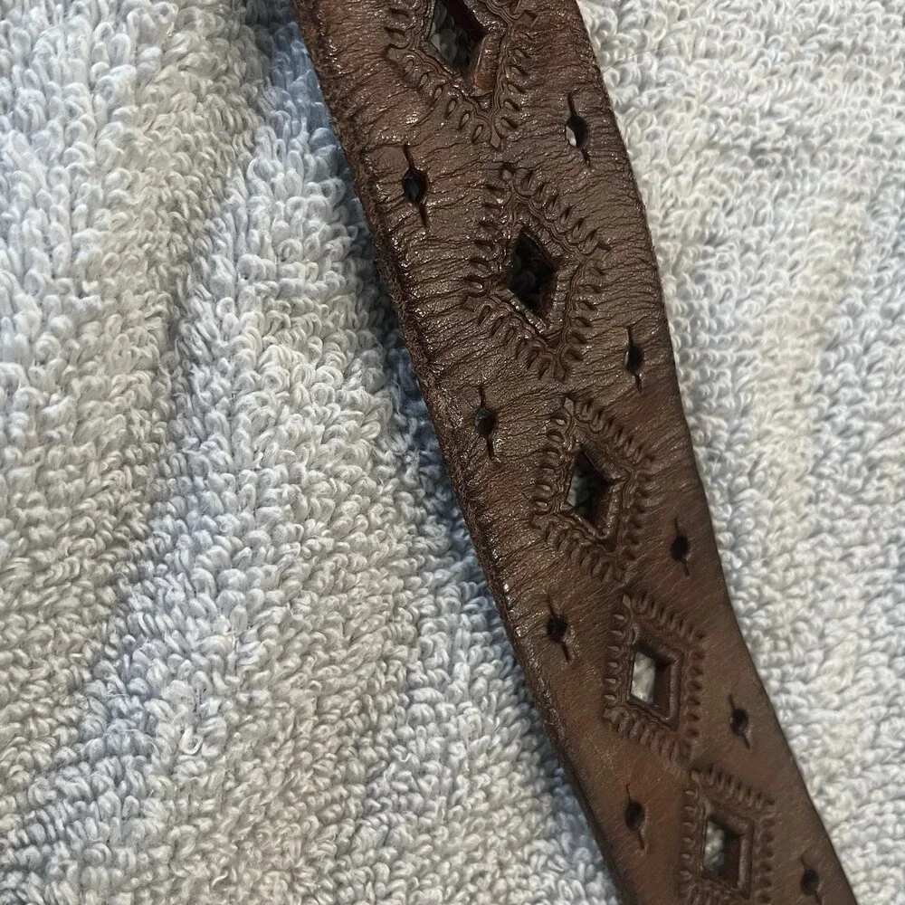Fossil Brown Leather Laser Diamond‎ Cut Belt Cowboy Boho Large Hippie Unisex